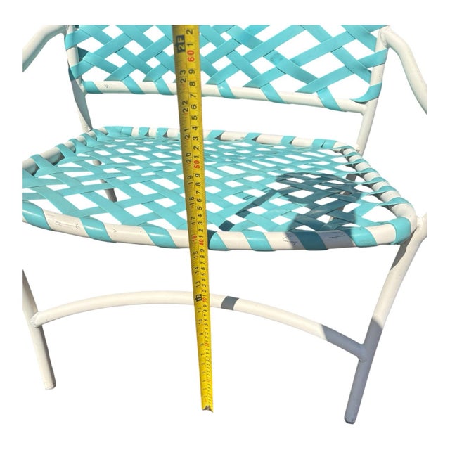 Mid 20th Century Vintage Tropitone Turquoise and White Woven Strap Patio Chairs and Ottomans — Set of 4 For Sale - Image 5 of 12