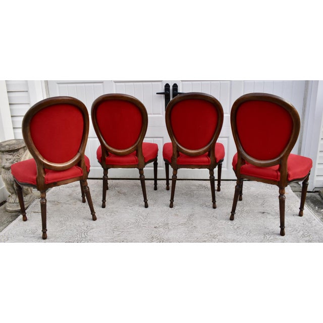 Red Vintage Set of Four Carved & Inlaid Regency Style Rounded Back Red Side Chairs For Sale - Image 8 of 13