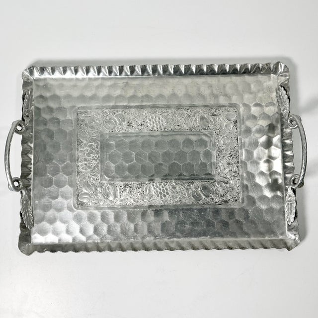 1950s Vintage Boho Chic Arts & Crafts Hand Wrought Etched Aluminum Serving Tray For Sale - Image 10 of 13