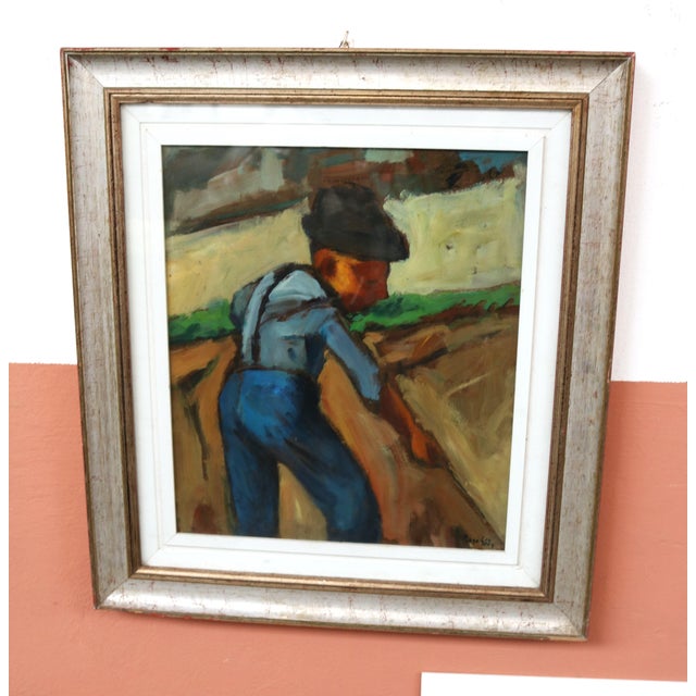 Piero Leo, Farmer with Scythe, 1974, Oil Painting on Hardboard, Framed For Sale - Image 4 of 7