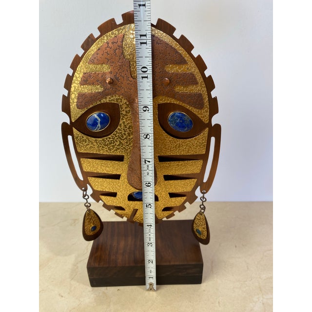 Vintage Christian Luis Gómez Chile Brass & Copper Mask Sculpture, Lapis Lazuli For Sale - Image 9 of 11