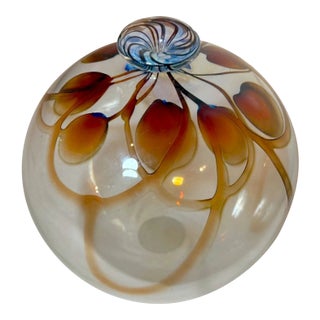 Vintage Hand Blown Signed Detailed Mary Angus Art Glass Iridescent Leaf Vase For Sale