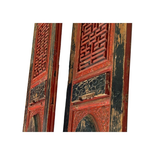 Chinese Pair Vintage Chinese Red Black Fujian Style Carving Wood Wall Door Panels For Sale - Image 3 of 11