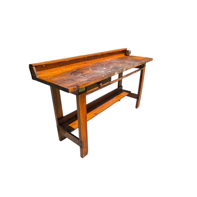 Industrial Mid-20th Century Industrial Solid Wood Carpenter's Workbench Console Table For Sale - Image 3 of 18