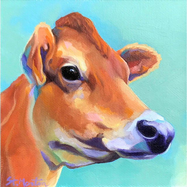 Jersey by Corina St. Martin | Oil on Artefex ACM panel Cow portrait on a colorful background For Sale