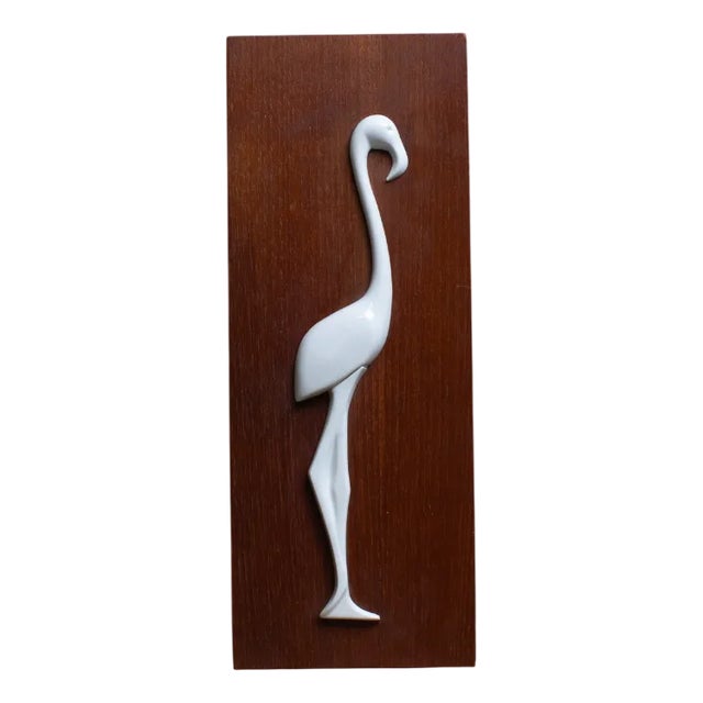 Mid-Century Teak and Porcelain Bird Wall Decoration, 1960s For Sale