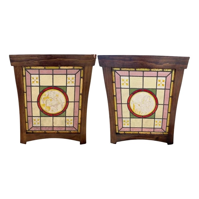 Antique French Art Nouveau Stained Leaded Glass Windows With Birds - A Pair For Sale