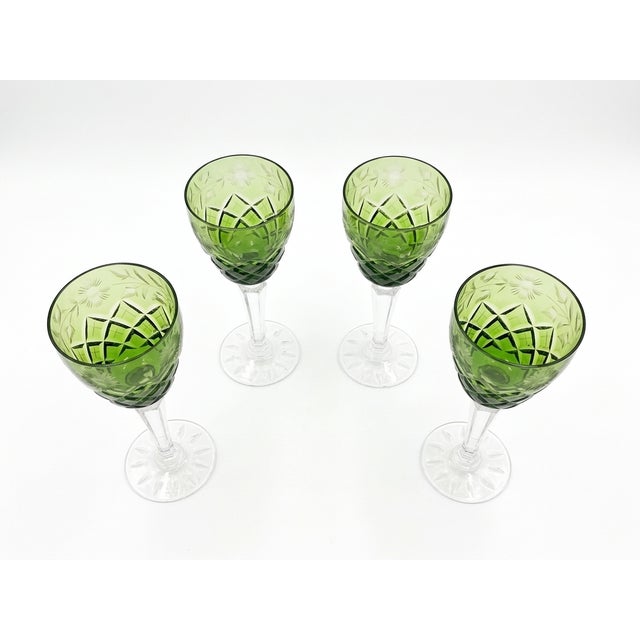 Green Cut-to-Clear Crystal Glasses with Ubique Geometric and Floral Etching, 1960s, Set of 4, in Flawless conditions....