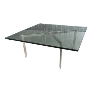 Mid Century Barcelona Style Coffee Table Chrome X-Base Square Glass 40" For Sale