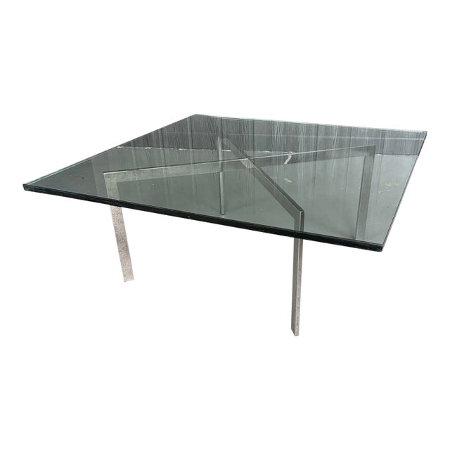 Mid Century Barcelona Style Coffee Table Chrome X-Base Square Glass 40" For Sale