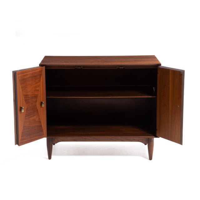 Wood Ramseur Furniture Mid Century Walnut Brass Diamond Front Cabinet Credenza Unmarked For Sale - Image 7 of 14