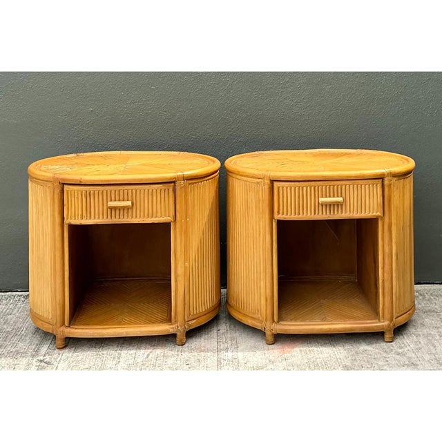 Mid-Century Modern Vintage Rattan Oval Nightstands - A Pair For Sale - Image 3 of 12