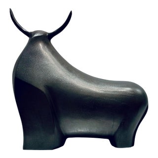 Currey & Company Mid-Century Modern Style Bronze Ferdinand Bull Sculpture For Sale