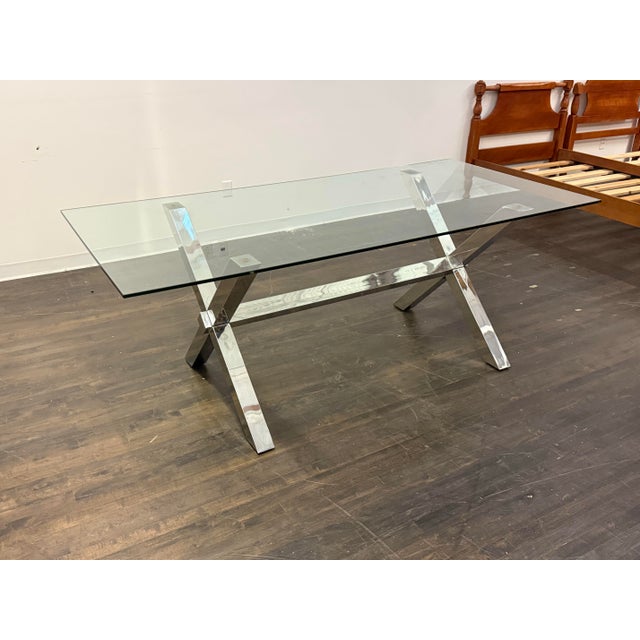 Chrome X-Base Dining Table With Tempered Glass Top For Sale - Image 9 of 12