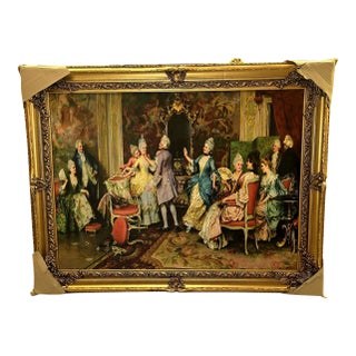 Rococo-Style Salon Scene Painting – Elegant Social Gathering With Ornate Gold Leaf Frame For Sale