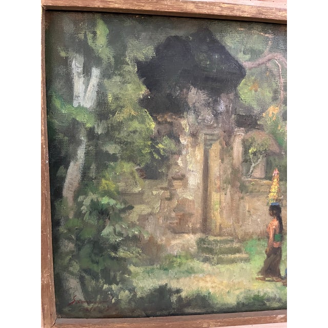 Green 1970’s Oil on Canvas Bali Painting With Women and Child For Sale - Image 8 of 11