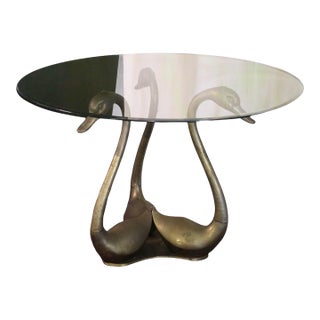 Large Brass Swan Dining Table With a Glass Top From the 1970s For Sale