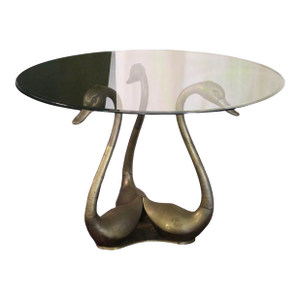 Large Brass Swan Dining Table With a Glass Top From the 1970s