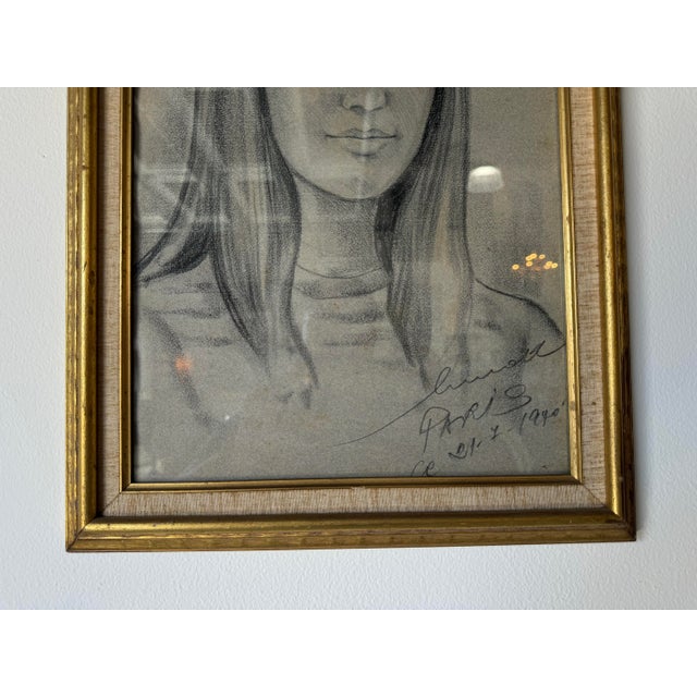 1980's French Drawing Portrait of a Young Girl, Framed For Sale - Image 4 of 9