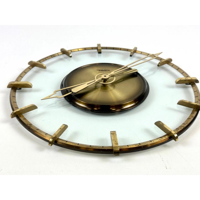 Mid-Century Modern Vintage Glass & Brass Wall Clock from Diehl, 1950s For Sale - Image 3 of 9