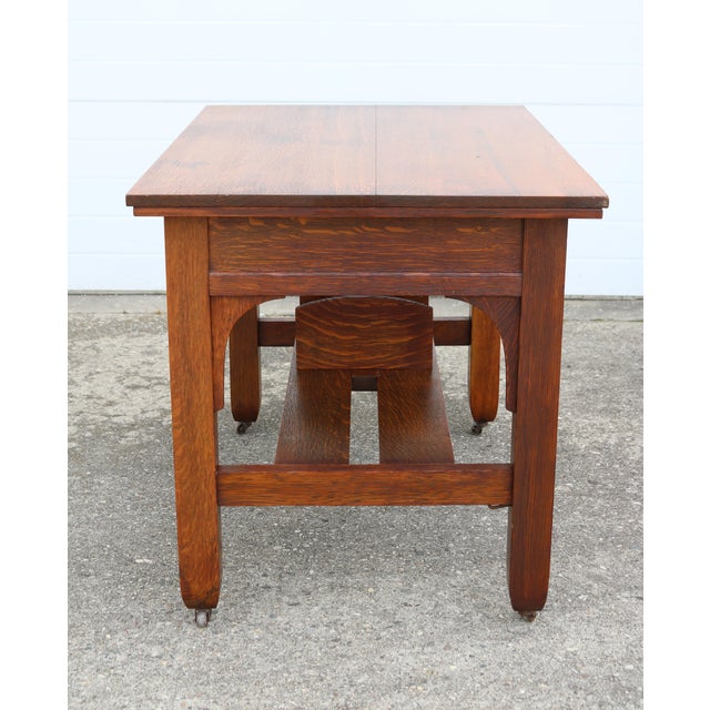 Mission Circa 1910 Quarter-Sawn Tiger Oak Mission Arts and Craft Writing Table on Wheels With Removable Book Shelf and Chair For Sale - Image 3 of 12