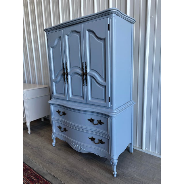 1960s 1960s French Provincial Style Armoire Wardrobe Storage in Soft Blue With Carved Details For Sale - Image 5 of 11