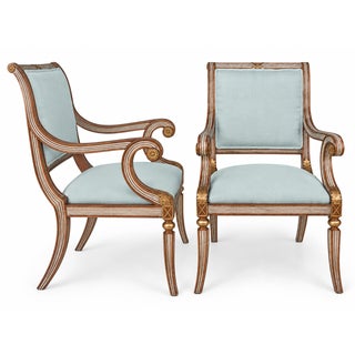 Neo-Classical Style Italian Carved Fruitwood and Painted Bergere Chairs - Pair For Sale