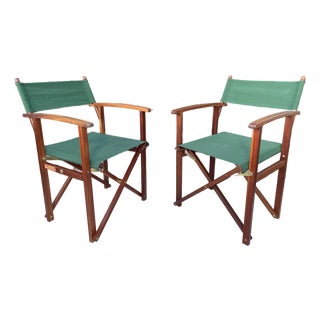 Vintage Hunter Green Teak Folding Director Chair - Set of 2 For Sale