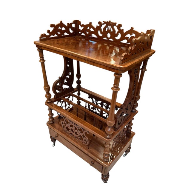 Late 19th Century Victorian Burr Walnut Canterbury / Sheet Music What-Not on Castors — Rich Figured Veneer For Sale - Image 12 of 12