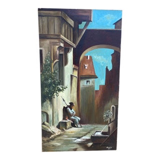 “The Night Watchman" Painting on Board by Basila 1987 For Sale