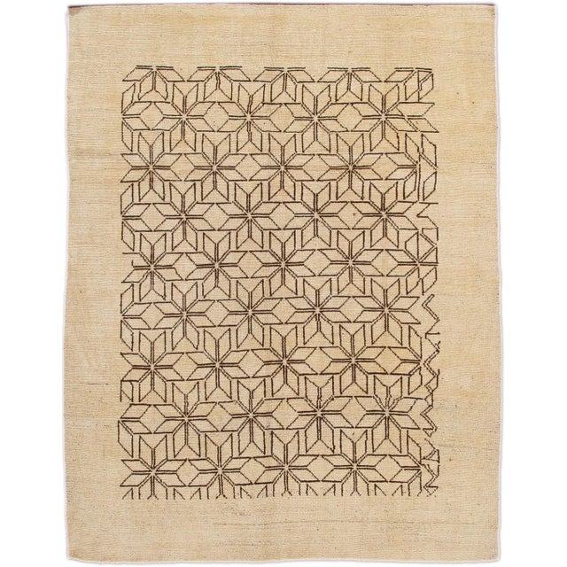 Modern Beige Deco Style Handmade Geometric Floral Wool Rug For Sale - Image 9 of 9