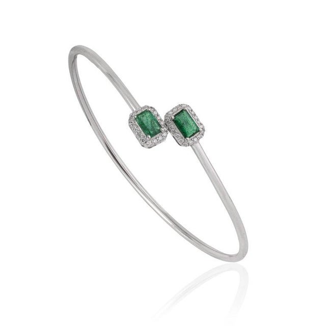 Contemporary Fine Two-Stone Emerald & Diamond Bangle Bracelet in Sterling Silver For Sale - Image 3 of 13