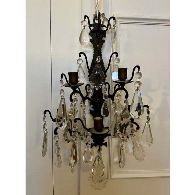 French Pair 1920's Crystal Candle Sconces For Sale - Image 3 of 11