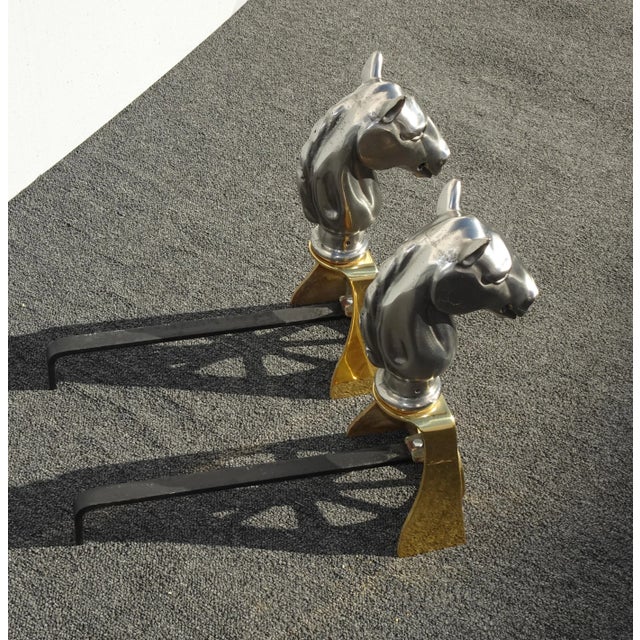 Gold Brass and Silver Cast Iron Horse Equestrian Andirons - a Pair For Sale - Image 11 of 13