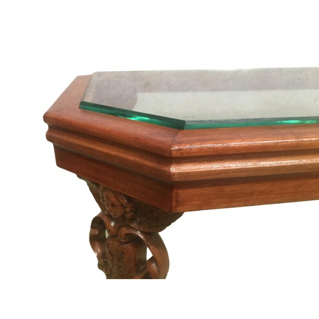 19th Century English Arts & Crafts Elm and Burl Carved Side Table, Glass Top For Sale - Image 6 of 11