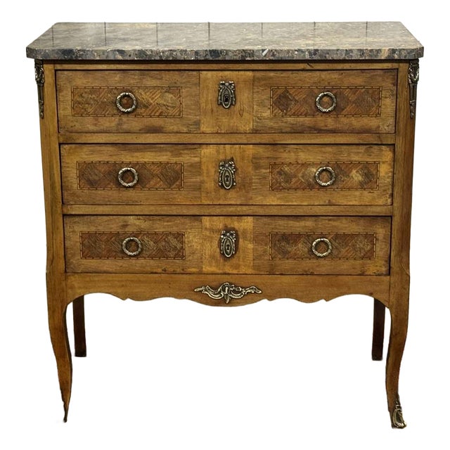 Transitional Style Walnut Commode with Marble Top, 1950s For Sale