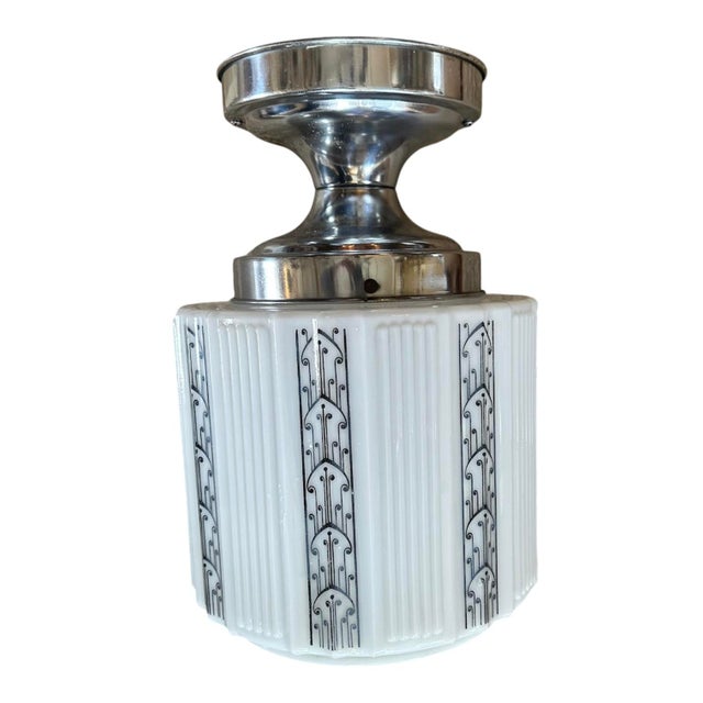 Art Deco Skyscraper Flushmount With Black Stencil on Original Chrome Holder, Circa 1930 For Sale - Image 4 of 5