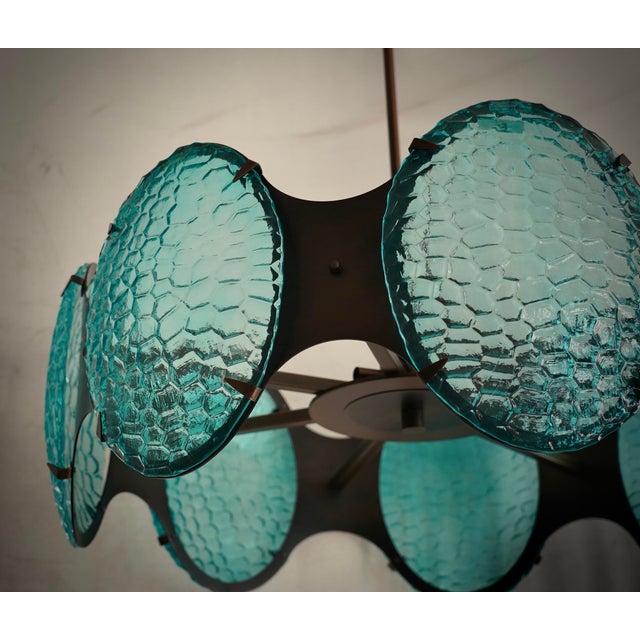 Mid-Century Modern Mid-Century Italian Round Murano Glass and Bronze Chandelier, 2000s For Sale - Image 3 of 9
