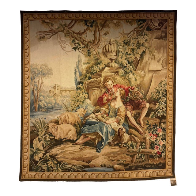 Vintage French Inspired Pastoral Figural Wall Tapestry 1980s For Sale
