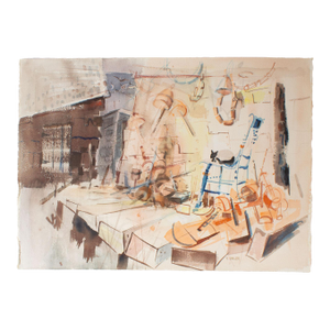 Watercolor Painting of a Nautical Interior Signed by v. Childe