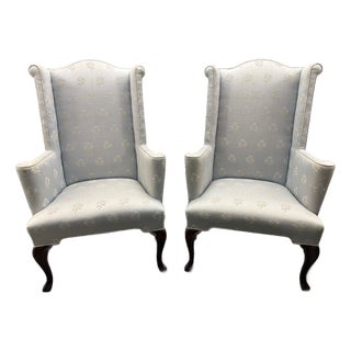 Baker Furniture Attributed Blue Damask Wingback Chairs - A Pair For Sale