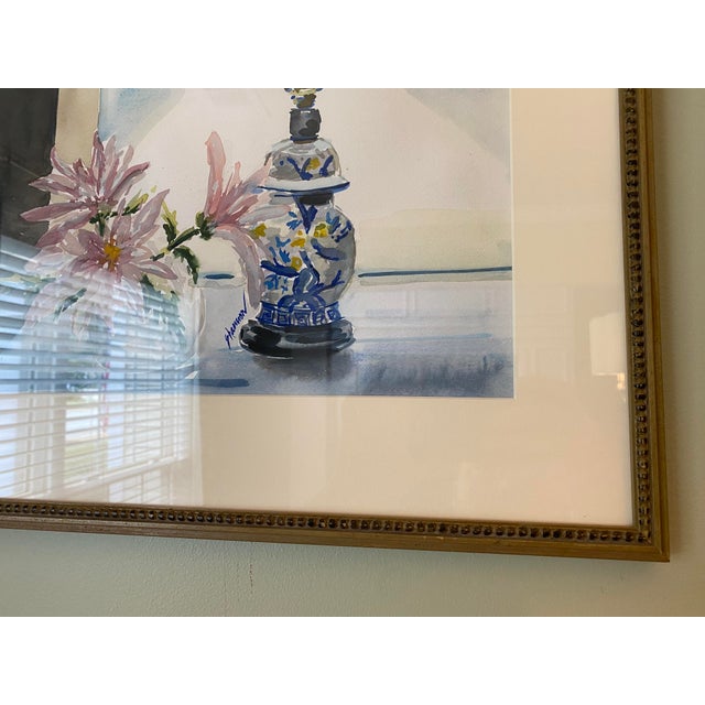 1980s Blue and White Ginger Jar Lamp Still Life Original Watercolor Painting, Framed For Sale In Greenville, SC - Image 6 of 10