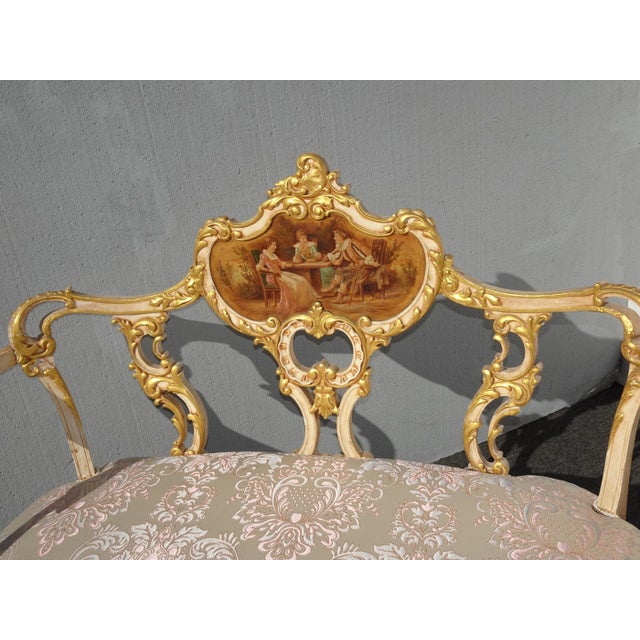 Vintage French Louis XVI Ornate Pastel Pink and Gold Two Seater Settee For Sale - Image 4 of 12