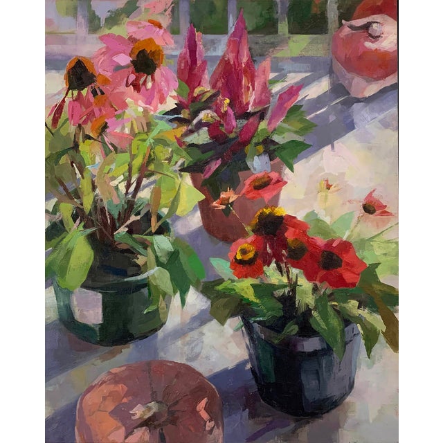 This artwork features a vibrant arrangement of potted flowers, including echinacea and other colorful blooms, set against...