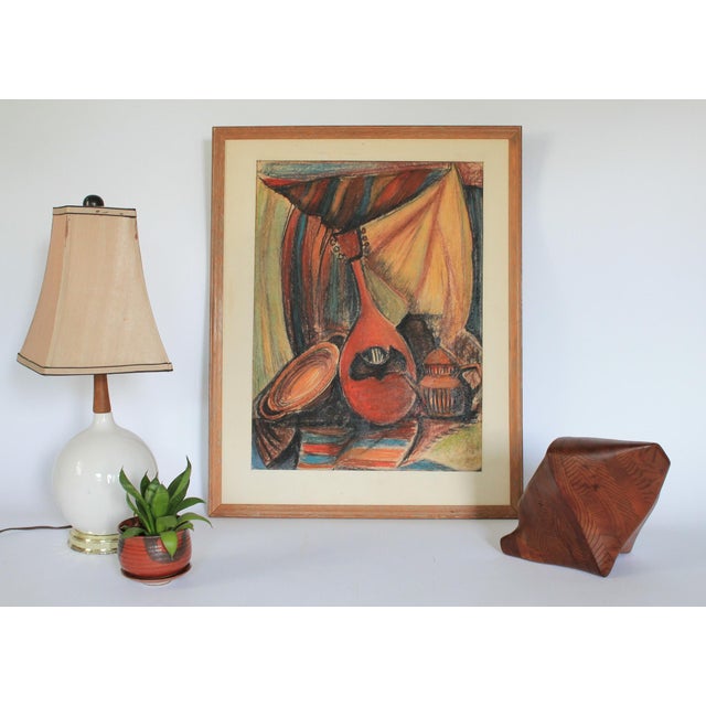 Drawing/Sketching Materials Vintage 1960s Musical Instrument Still Life Pastel Framed Art For Sale - Image 7 of 8