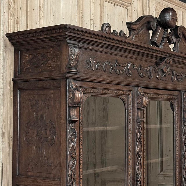 19th Century Renaissance Revival Hand-Carved Oak Triple Bookcase For Sale - Image 15 of 18