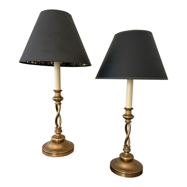 Chapman Manufacturing Co. Brass Barley Twist Candlestick Table Lamps With Foil Shades – Pair For Sale