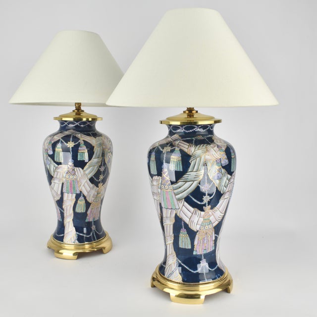 1980s Tassel Decorated set of Chinese Porcelain Table Lamps For Sale - Image 4 of 9