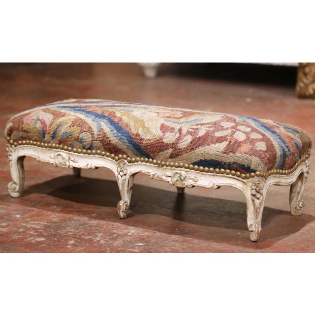 19th Century French Louis XV Painted Footstool With Aubusson Tapestry For Sale In Dallas - Image 6 of 8
