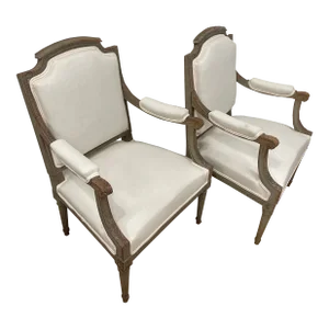 Antique Louis XVI Painted Armchairs With Upholstered Seat and Back- Pair